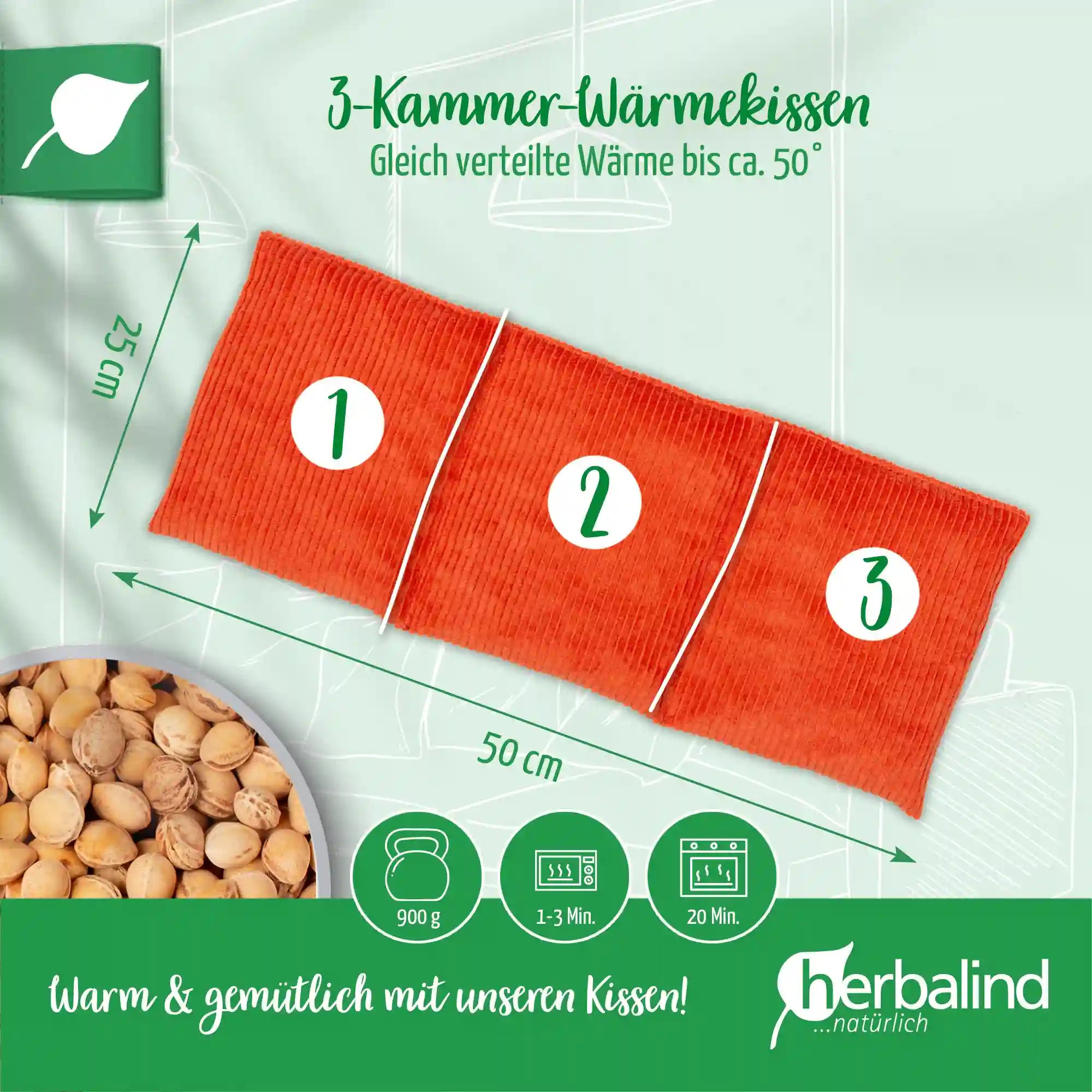 Warmekissen, Cord orange, Kirschkerne, 50x20cm, 2094_2