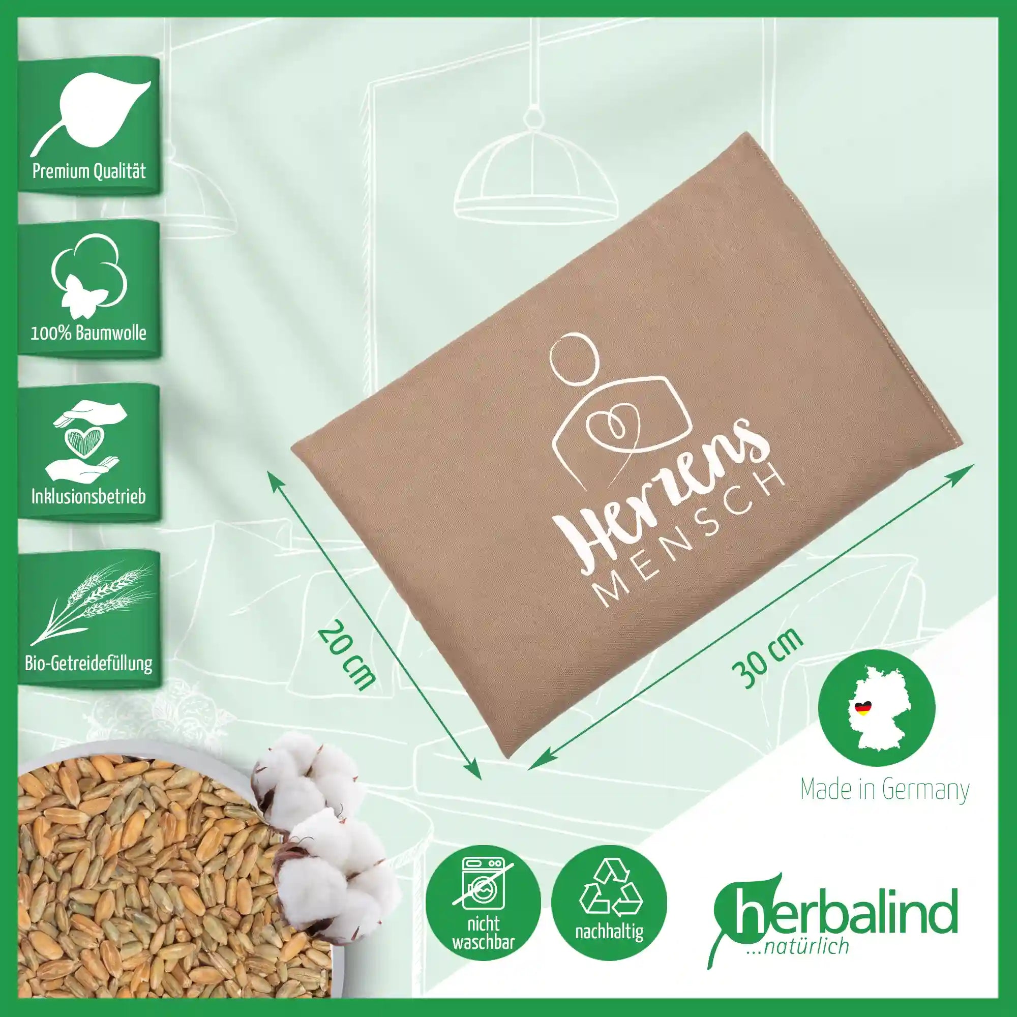 Getreidekissen "Herzensmensch", sand 30x20cm