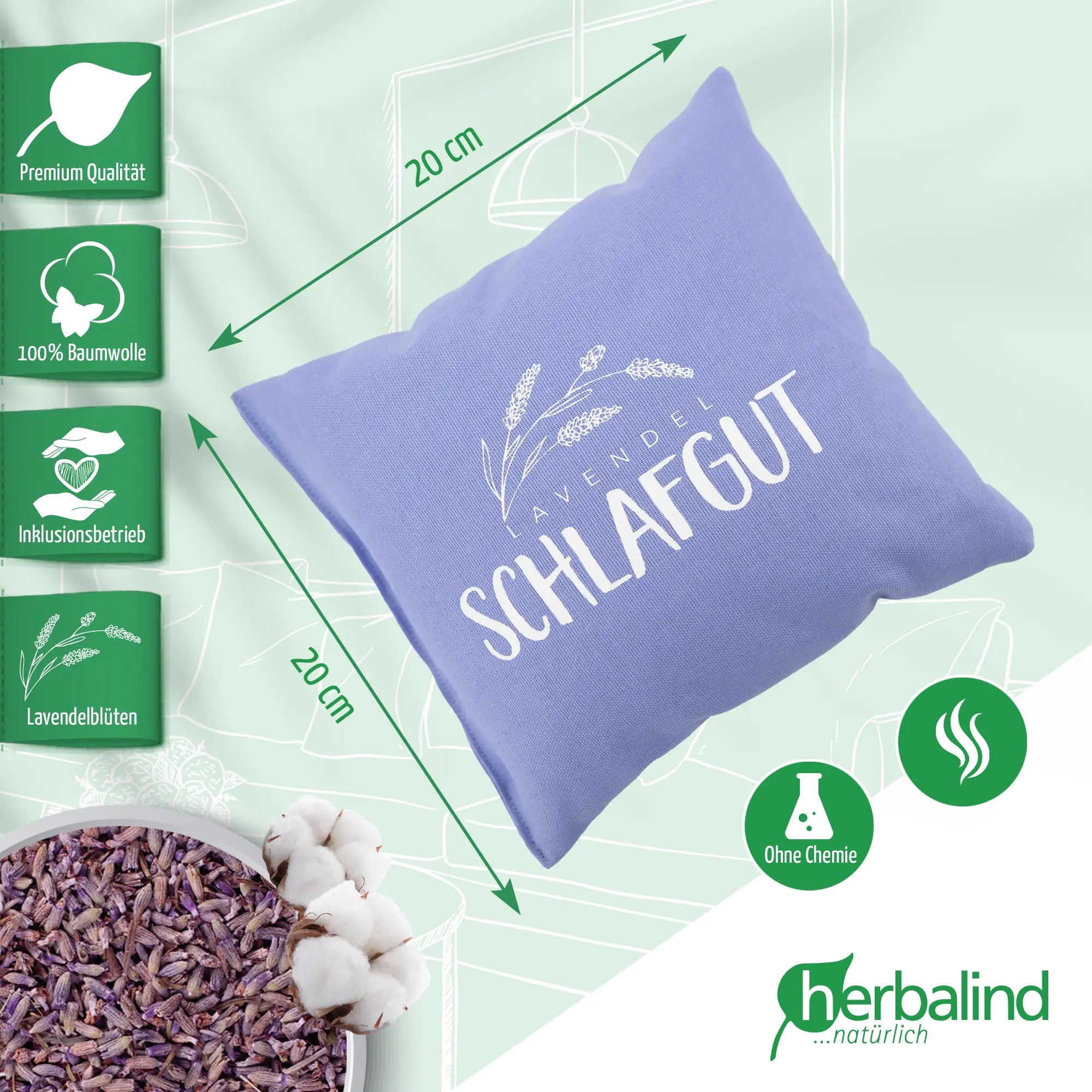 Lavendelkissen 20x20cm, "Schlaf gut", Lavender Blue