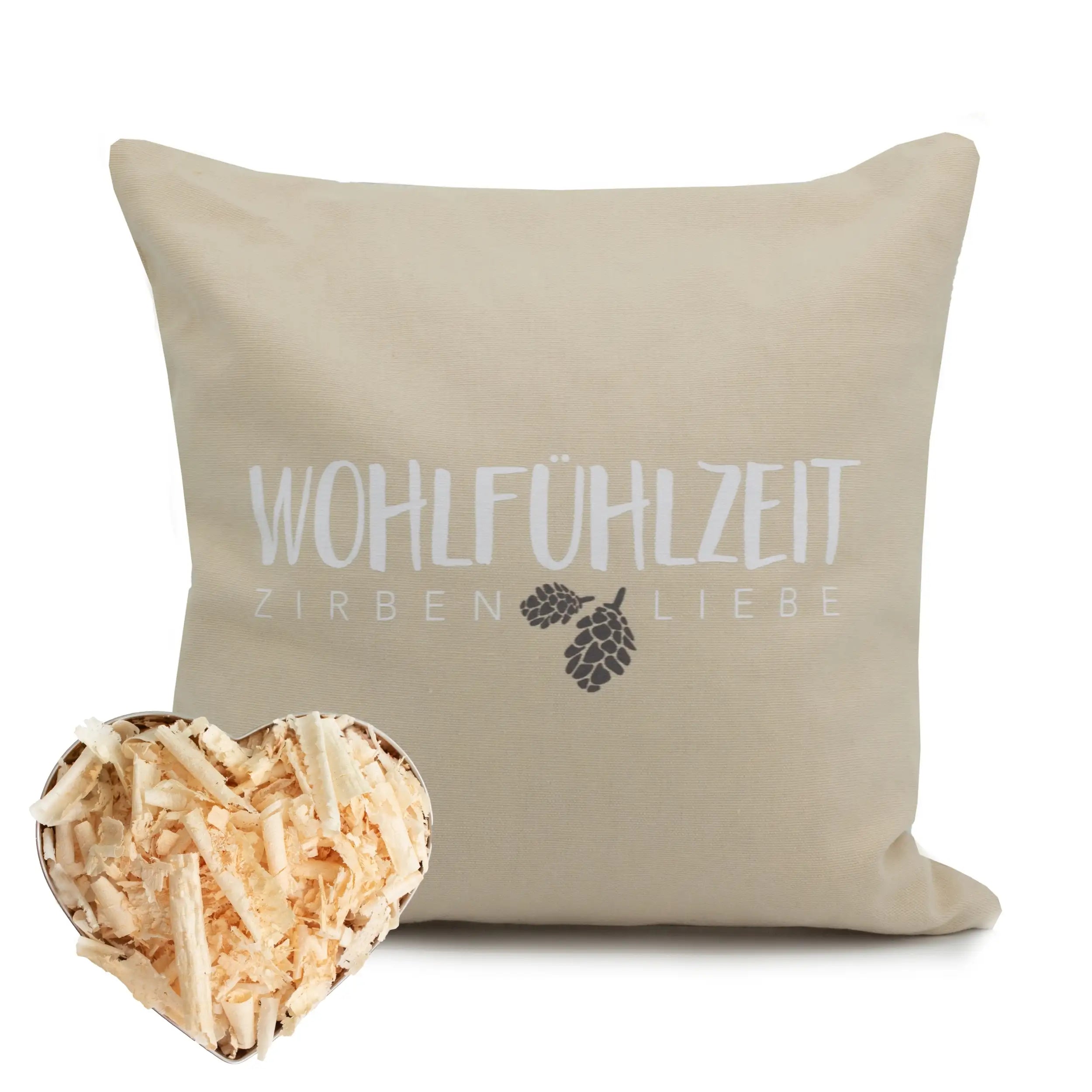 Zirbenkissen 25x25cm "Wohlfühlzeit - Zirbenliebe", Natur
