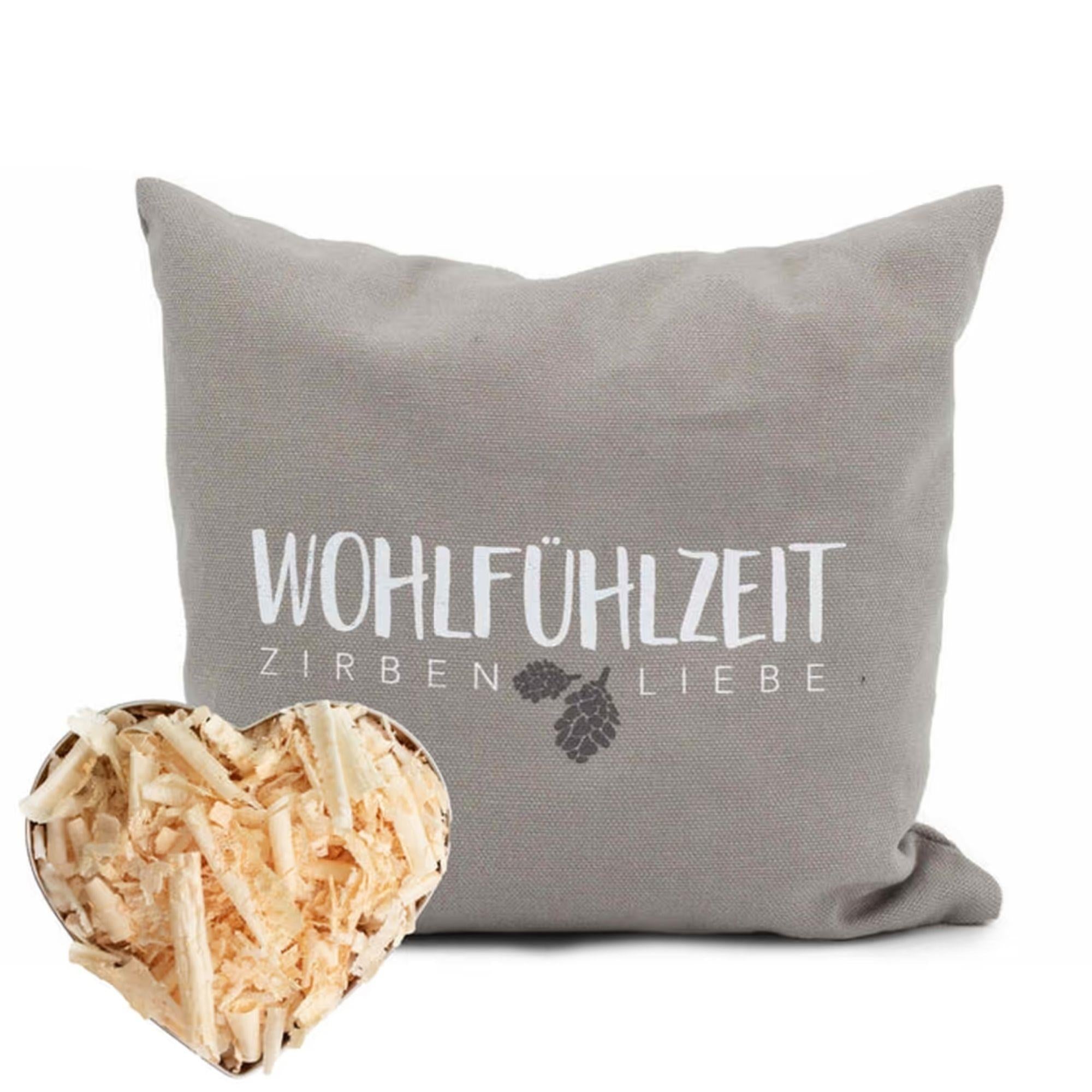 Zirbenkissen 25x25cm "Wohlfühlzeit - Zirbenliebe", Taupe