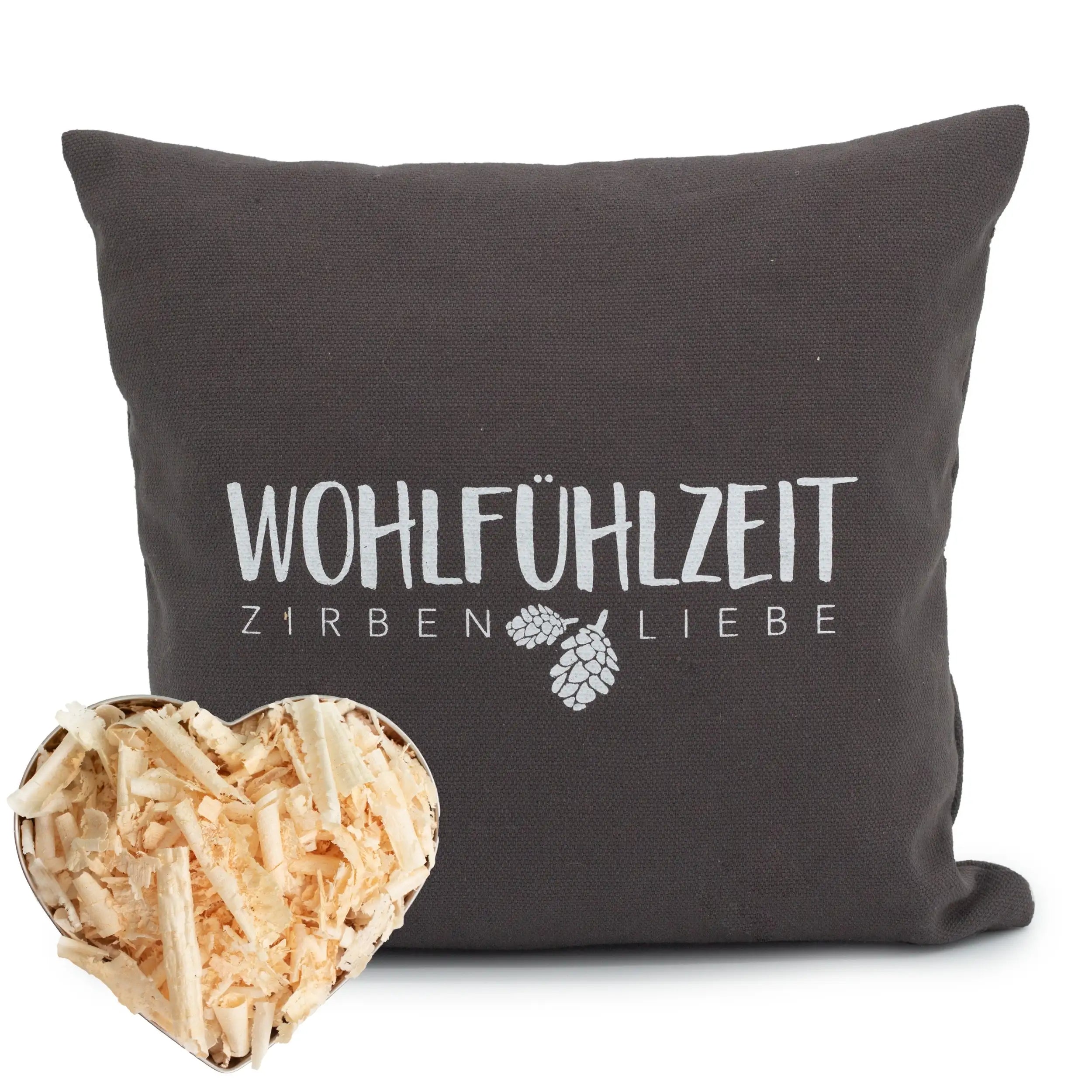 Zirbenkissen 40x40cm "Wohlfühlzeit - Zirbenliebe", Anthrazit