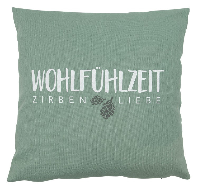 Zirbenkissen 25x25cm "Wohlfühlzeit - Zirbenliebe", Mint
