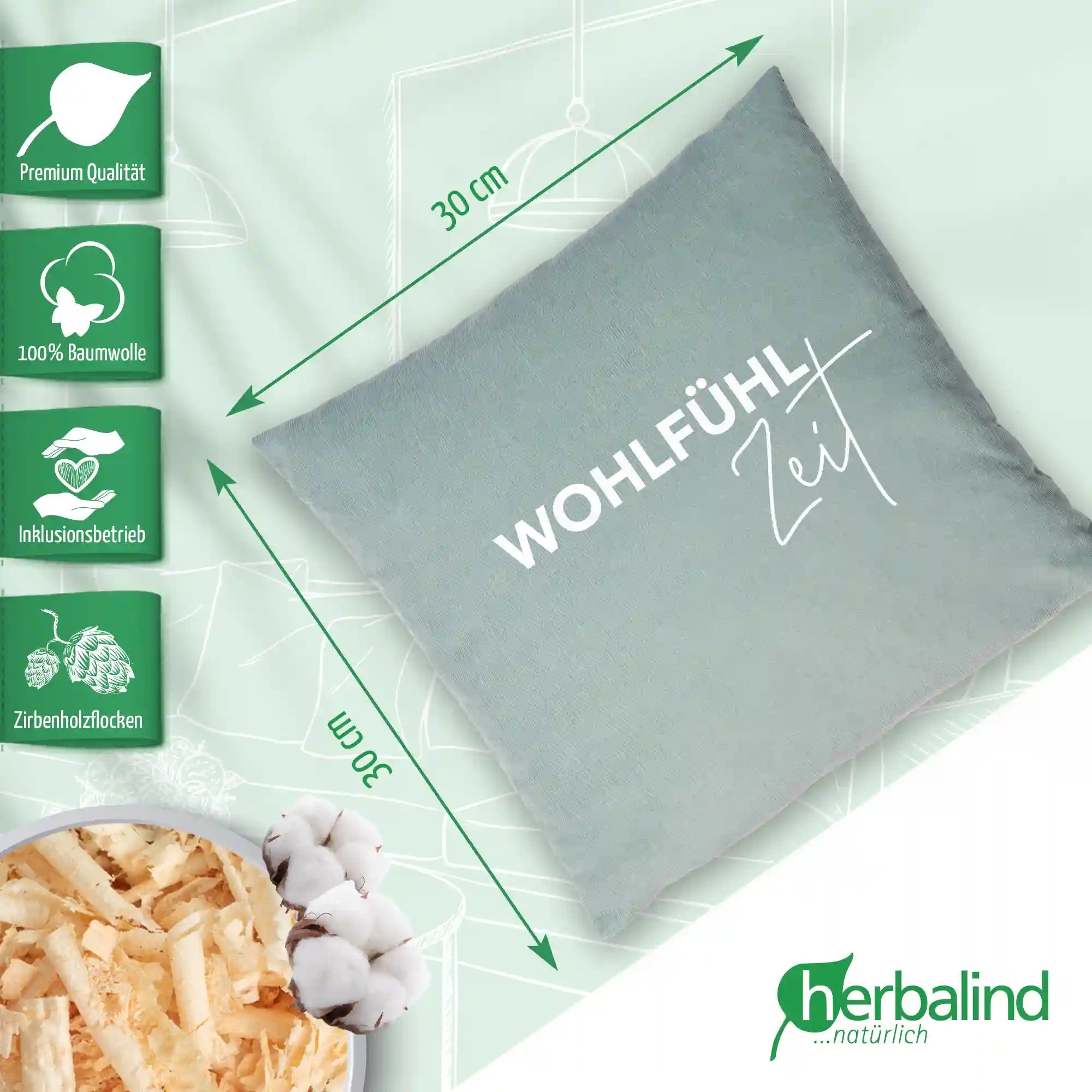 Zirbenkissen 30x30cm "WohlfühlZeit", Mint