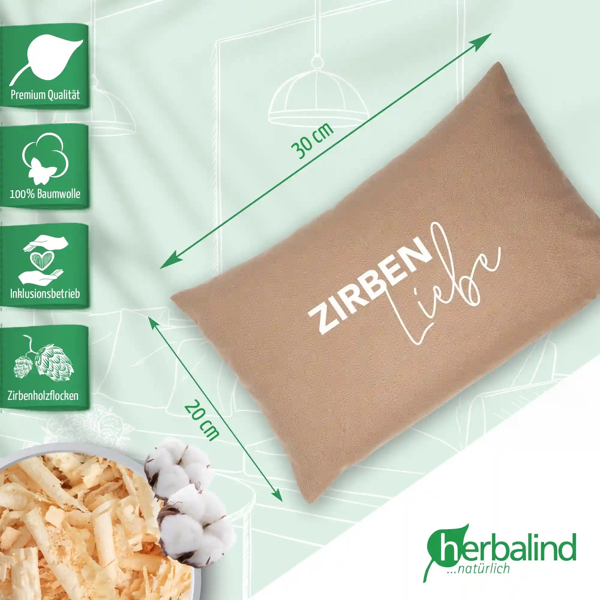 Zirbenkissen 20x30cm "Zirbenliebe", Canvas Taupe