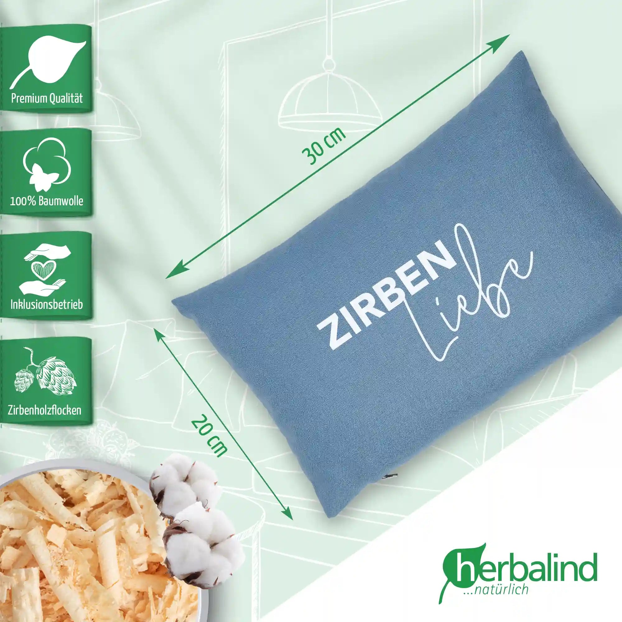 Zirbenkissen 20x30cm "Zirbenliebe", Blue