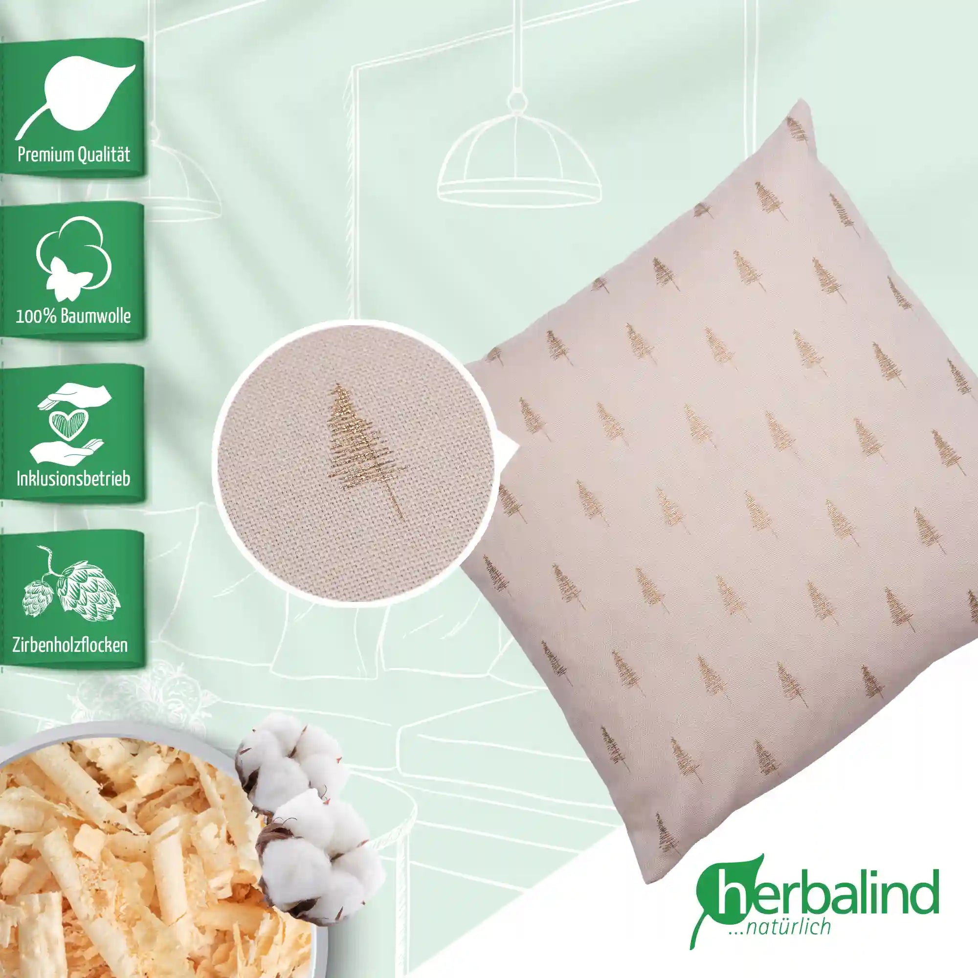 Zirbenkissen 30x30cm, Canvas light sand, Bäumchen gold