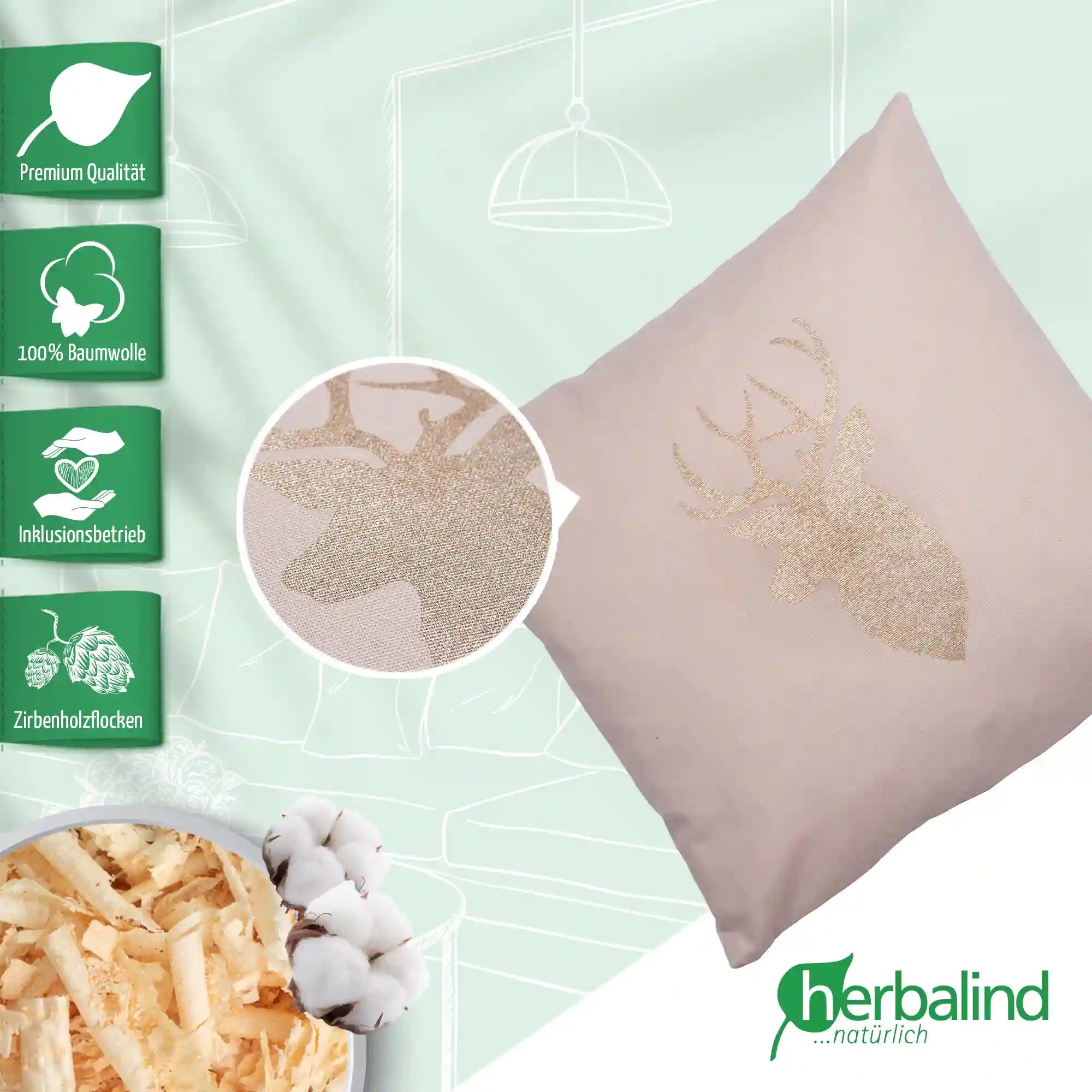 Zirbenkissen 30x30cm, Canvas light sand, Hirschkopf