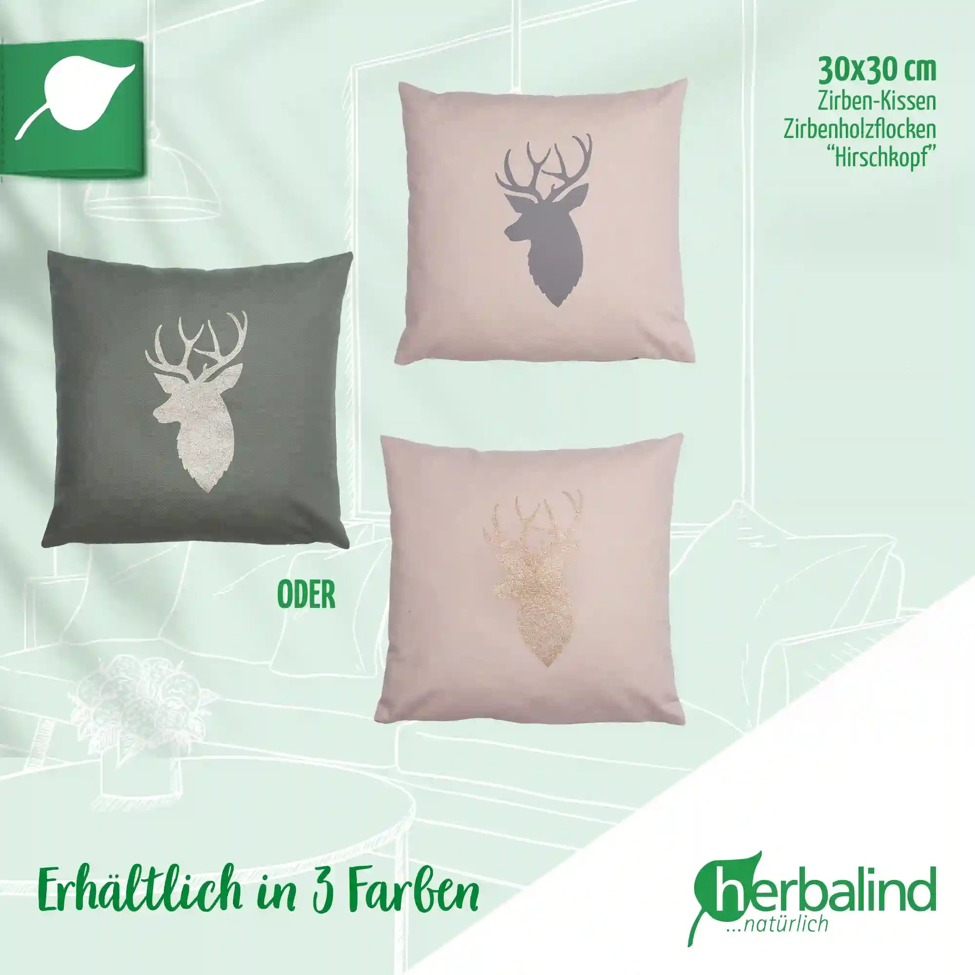 Zirbenkissen 30x30cm, Hirschkopf Grau, Canvas Light Sand