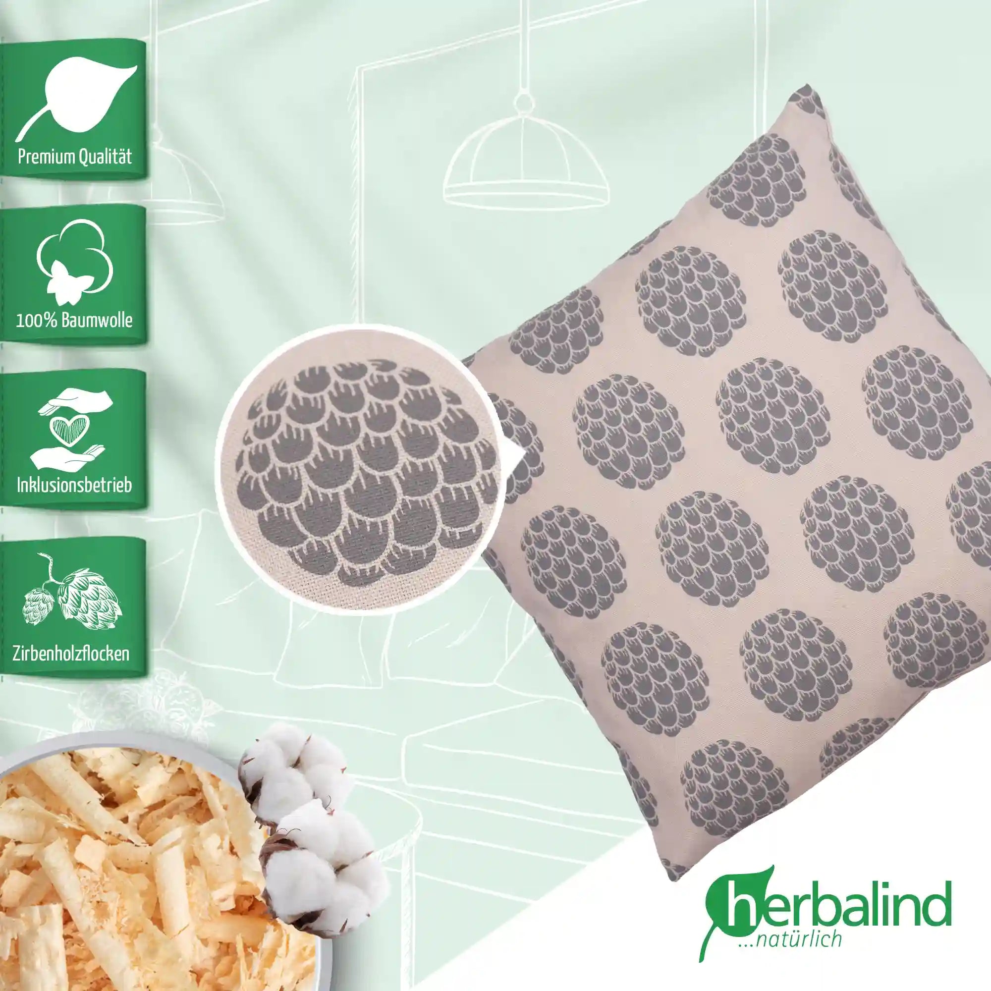 Zirbenkissen 30x30cm, Canvas light sand, Zapfen grau