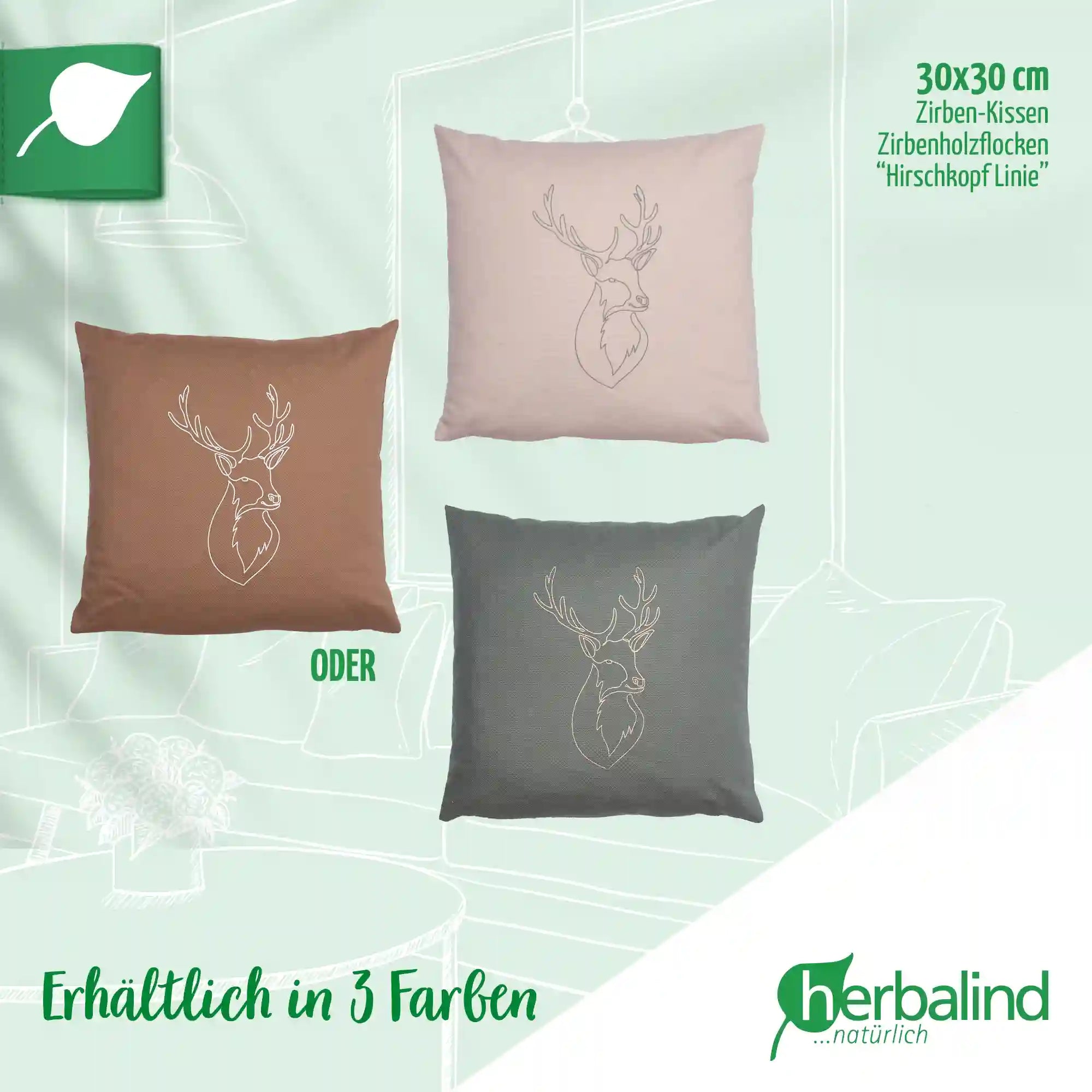 Zirbenkissen 30x30cm, Canvas light sand, Hirschkopf Linie grau