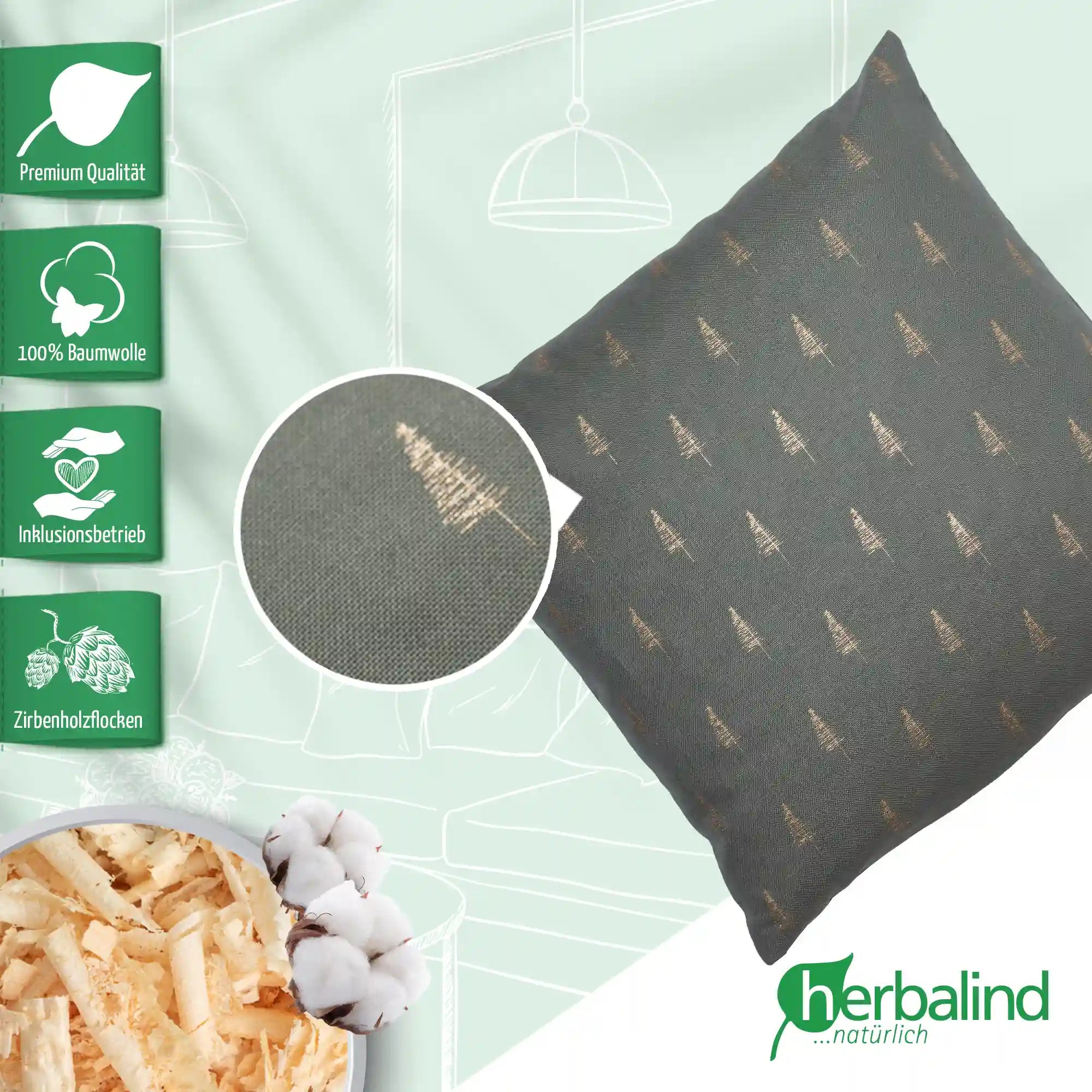 Zirbenkissen 30x30cm, Canvas Pickle, Bäumchen gold