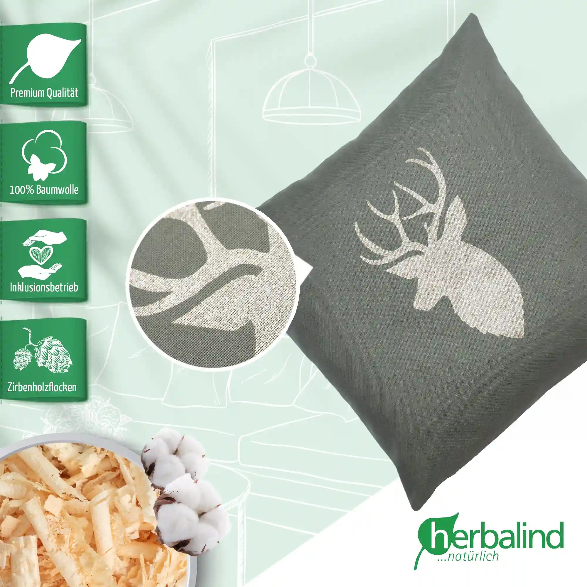 Zirbenkissen 30x30cm, Hirschkopf Gold, Canvas Pickle