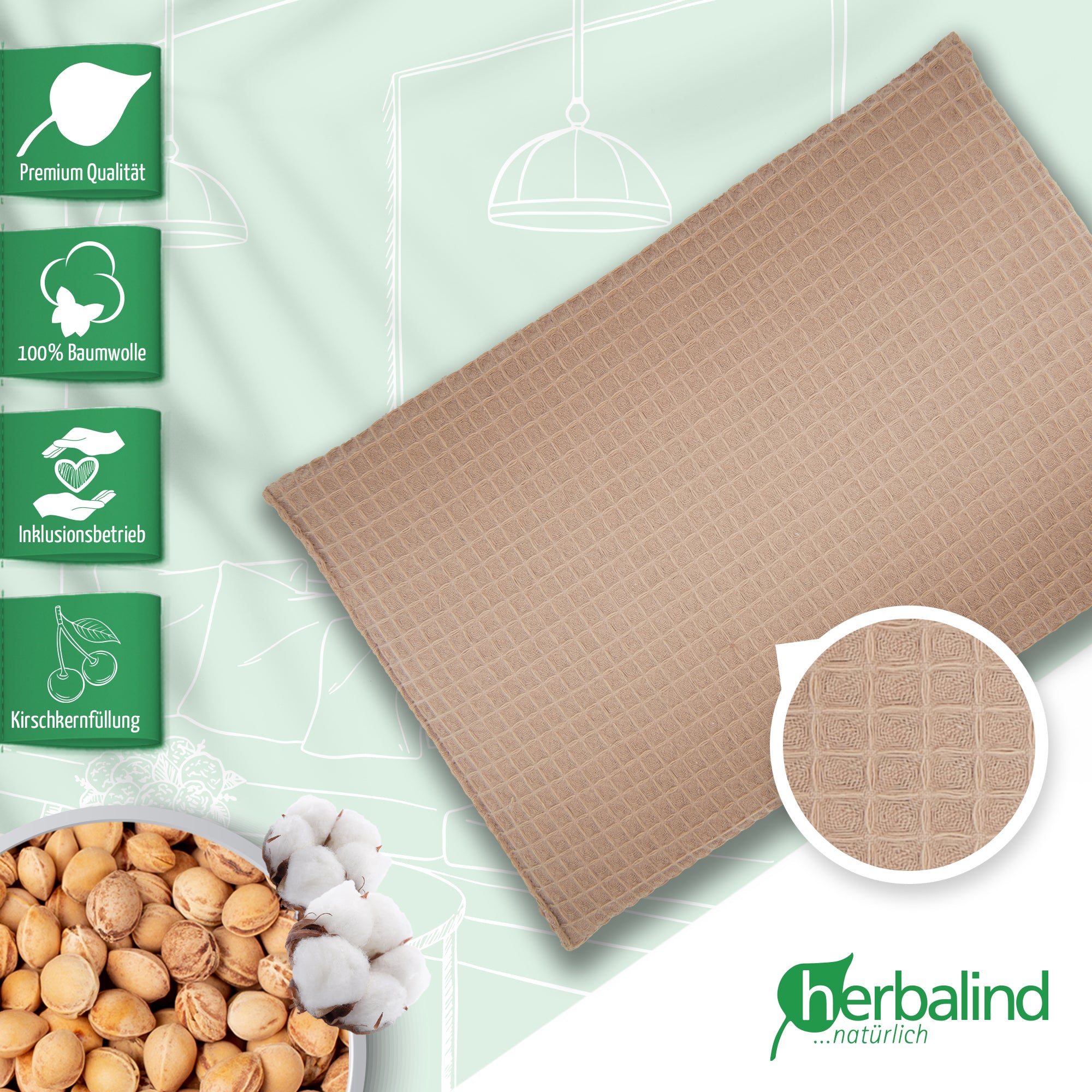 Kirschkernkissen 20x30cm, Waffel-Pique Camel