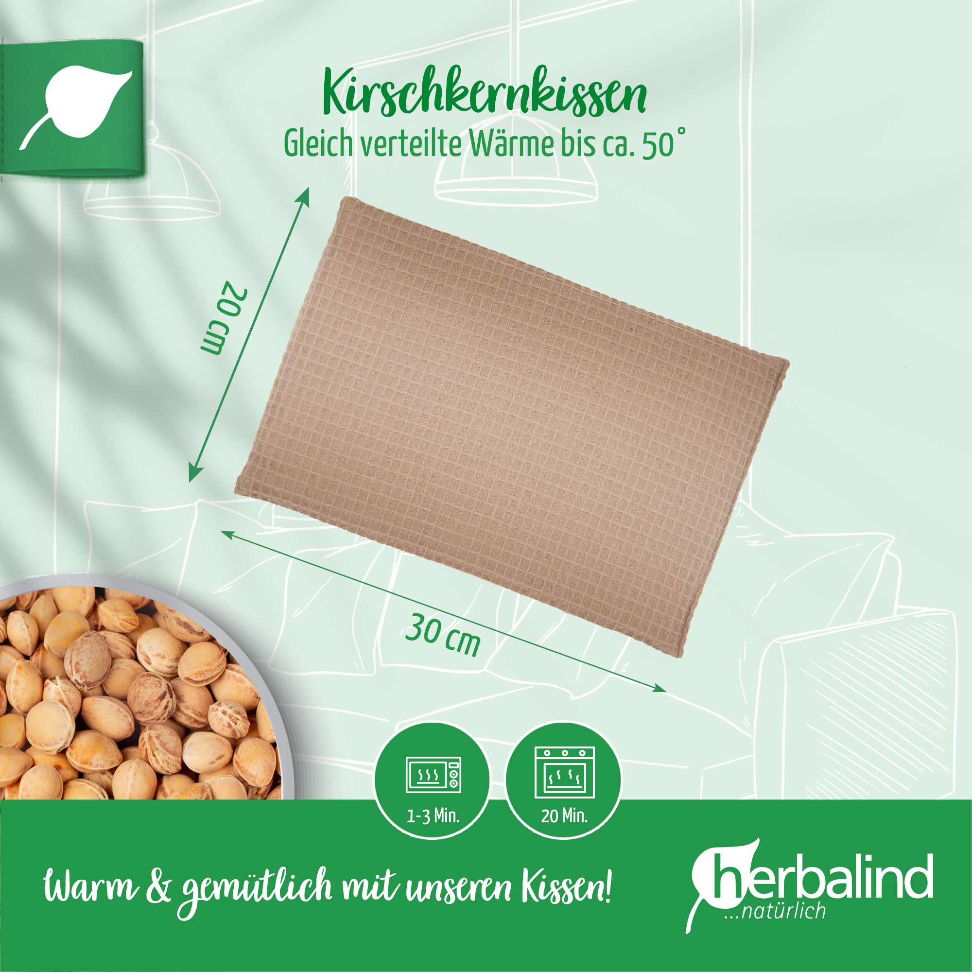 Kirschkernkissen 20x30cm, Waffel-Pique Camel