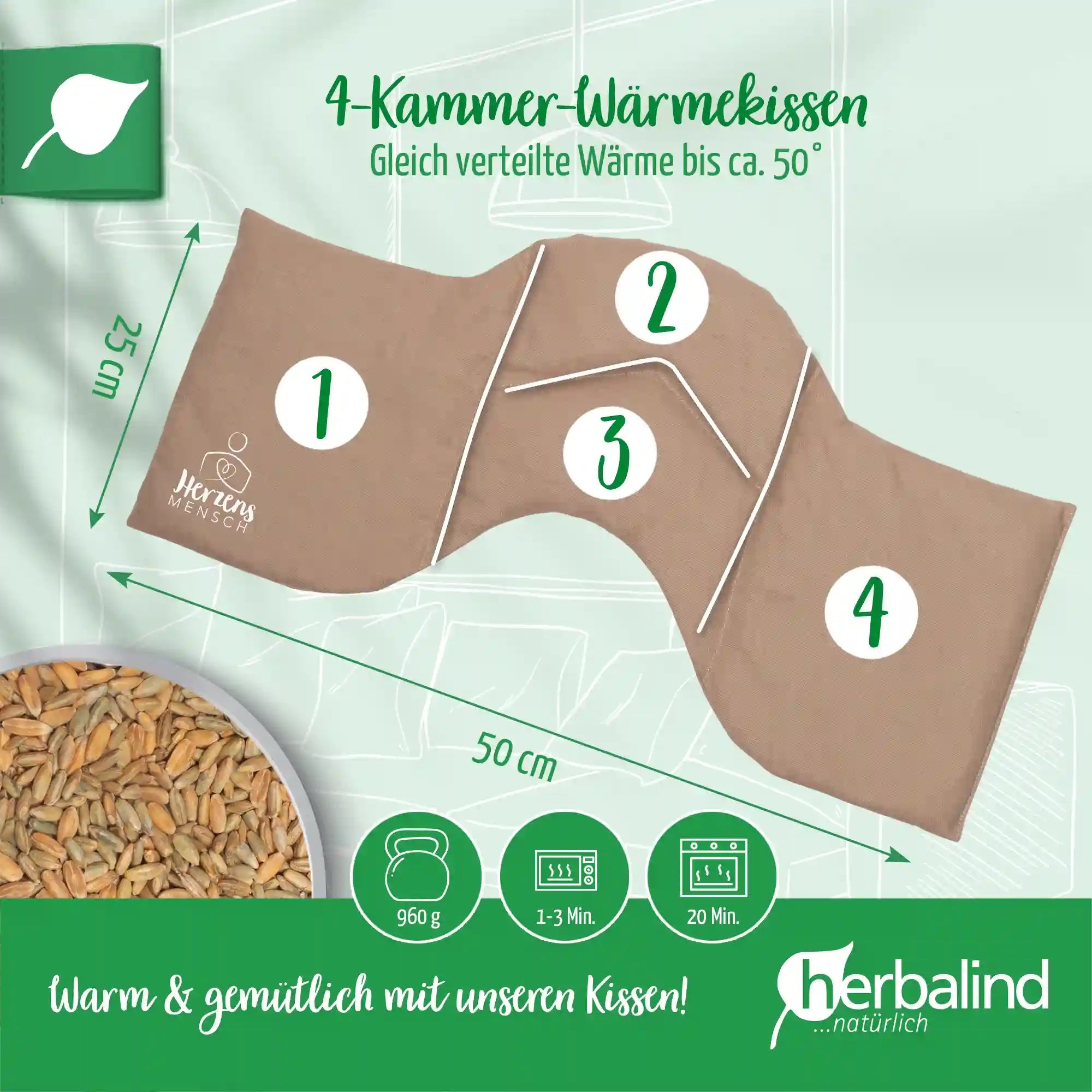 Getreidekissen "Herzensmensch", Sand 50x20cm