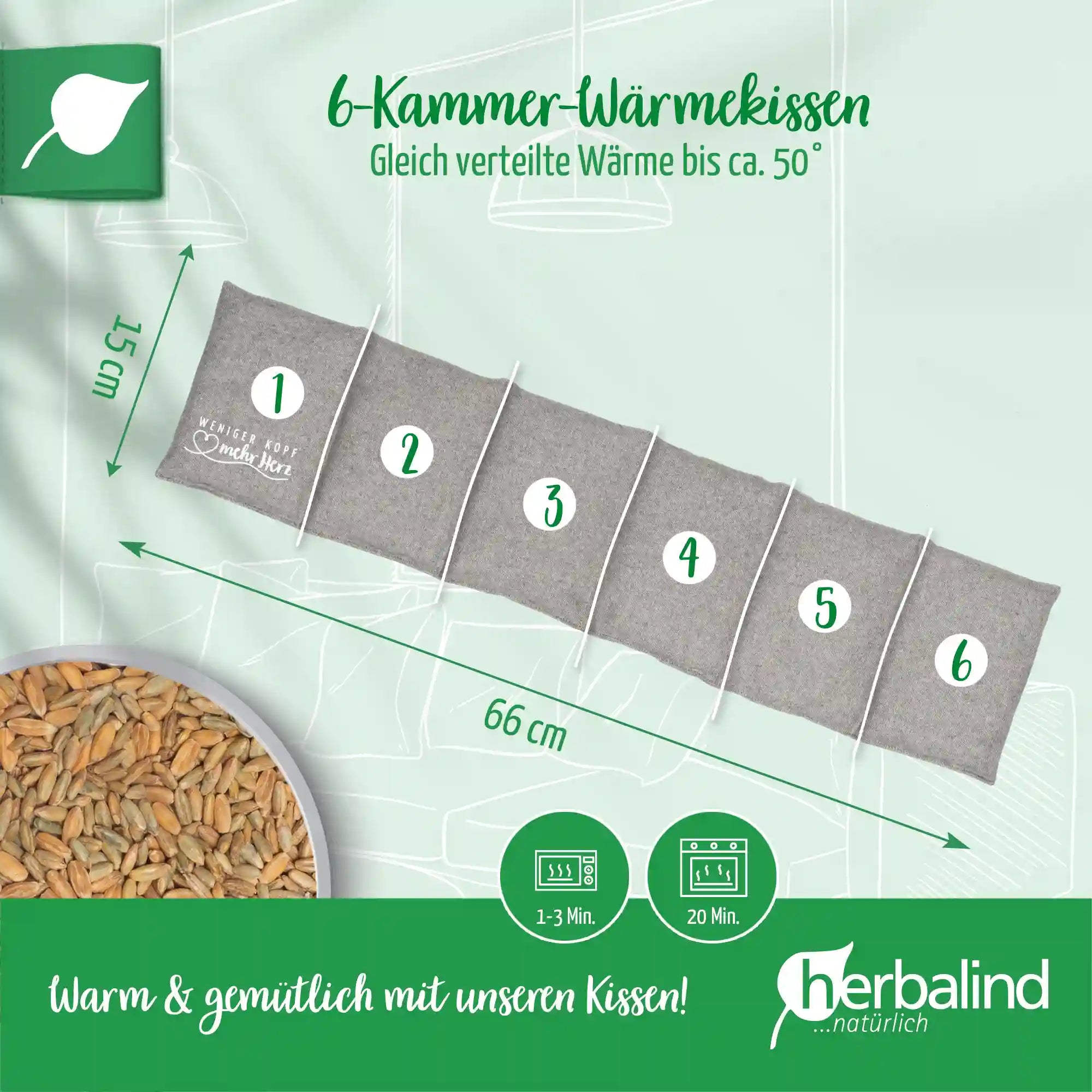 Waermekissen, Flanell hellgrau, Koerner, Getreide, 66x15cm, 4075_2