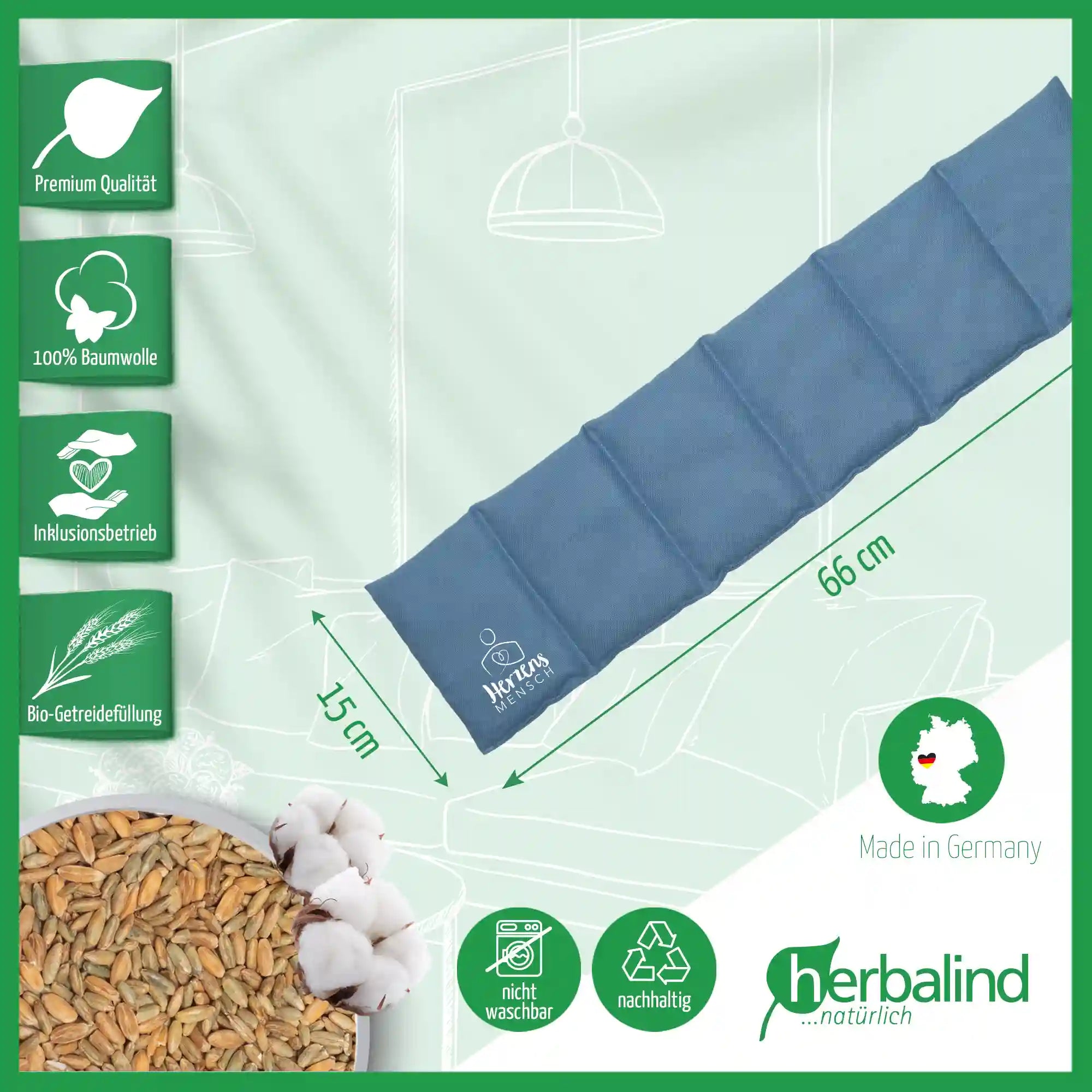 Getreidekissen 66x15cm, "Herzensmensch", Blau