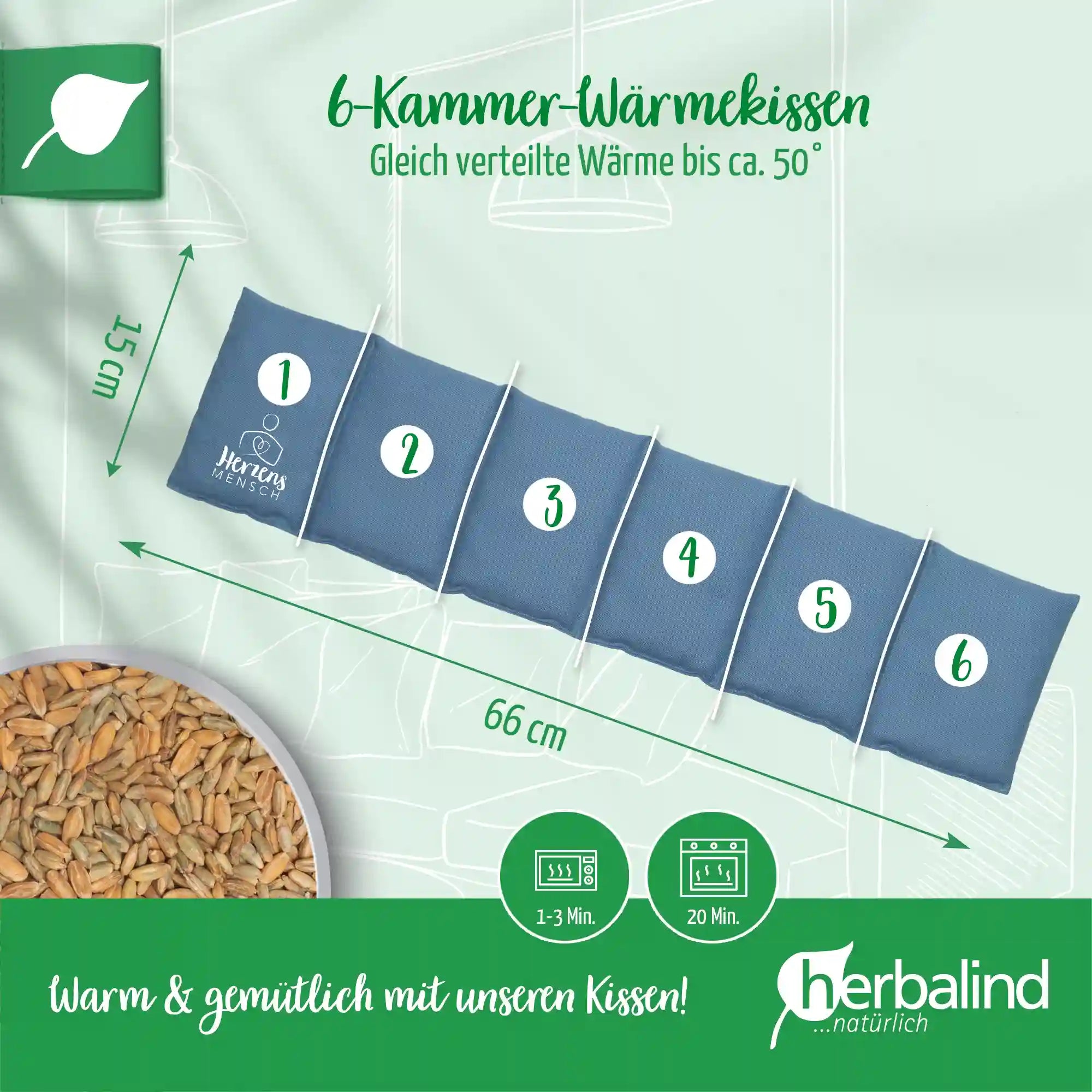 Getreidekissen 66x15cm, "Herzensmensch", Blau