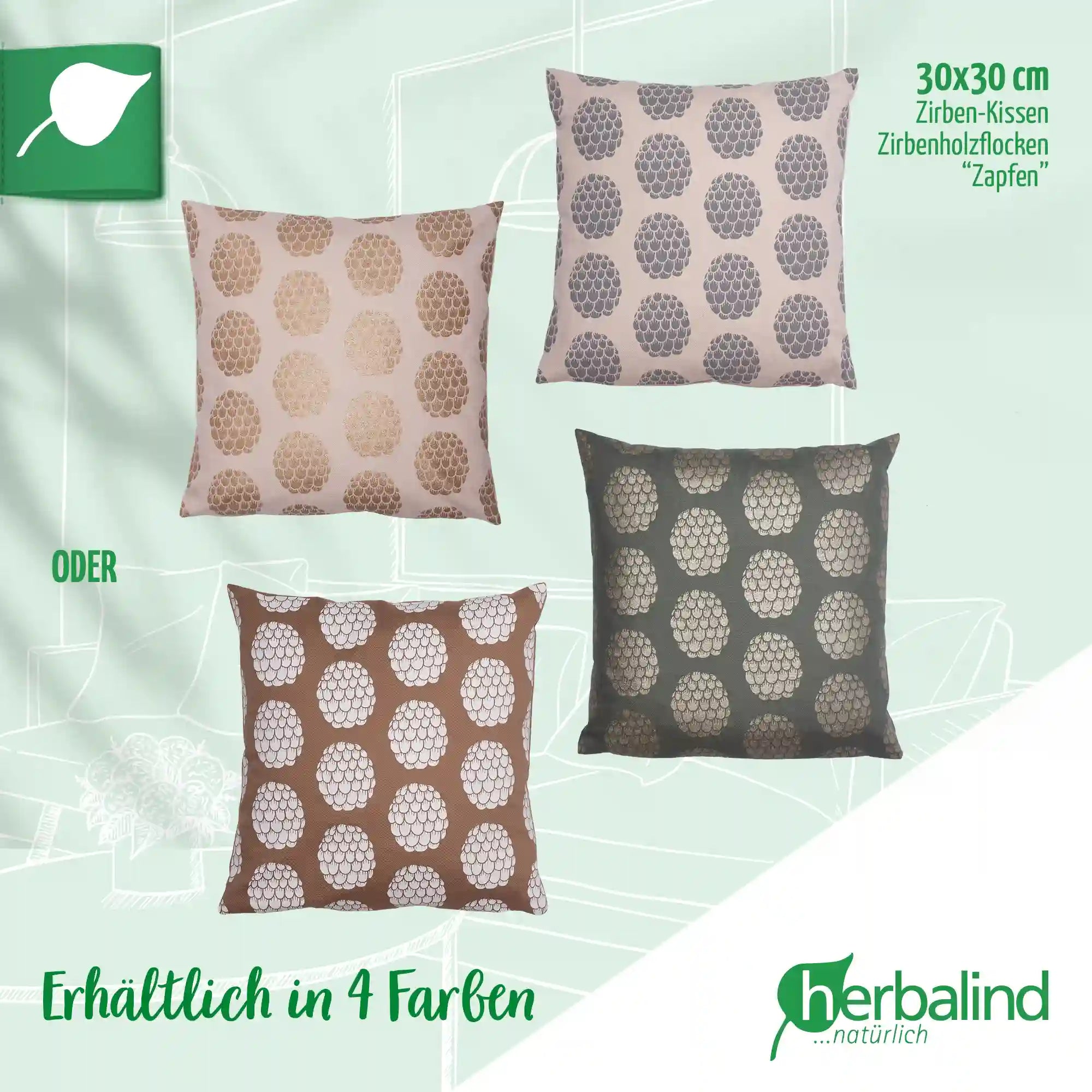 Zirbenkissen 30x30cm, Canvas light sand, Zapfen gold