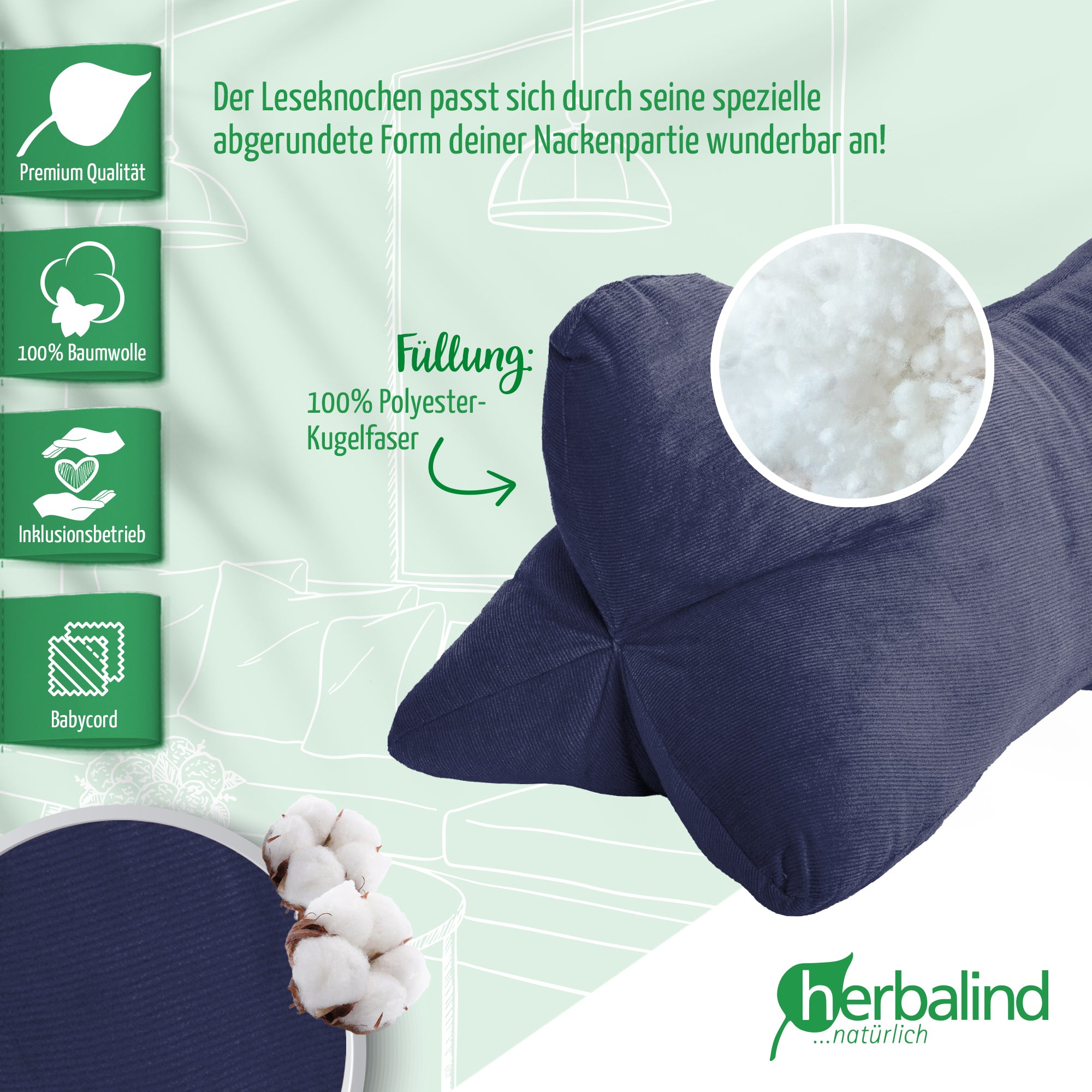 Leseknochen 40x18cm, Babycord dunkelblau